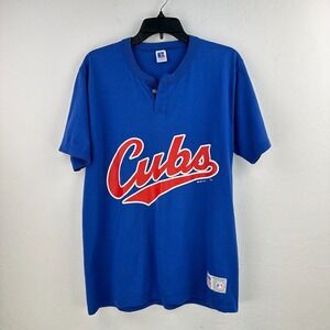 Vintage Russell Athletic‎ Henley Shirt Mens L Blue Red Cubs MLB Baseball USA